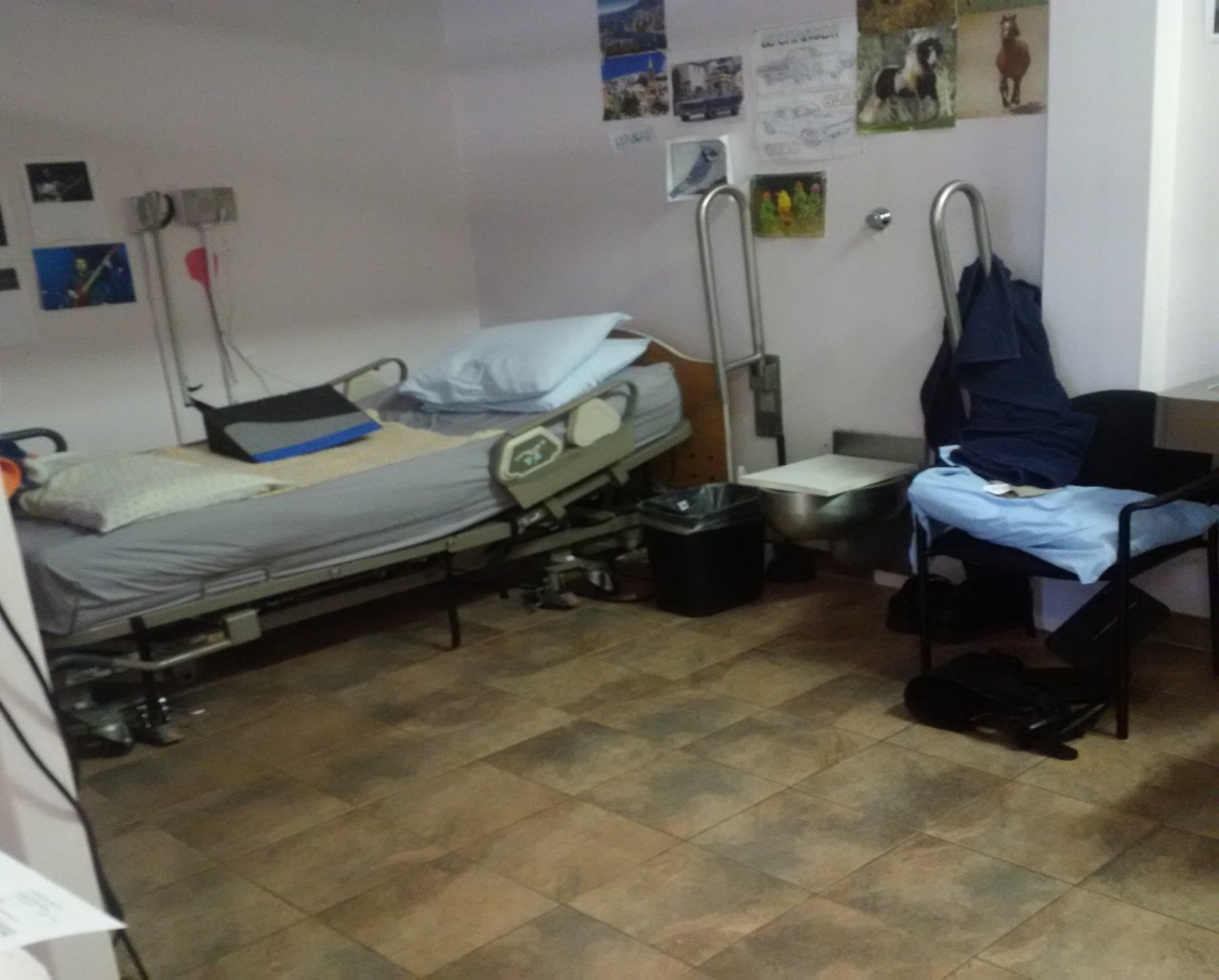 A picture of a hospital bed beside a toilet with accessible handles in a prison infirmary.