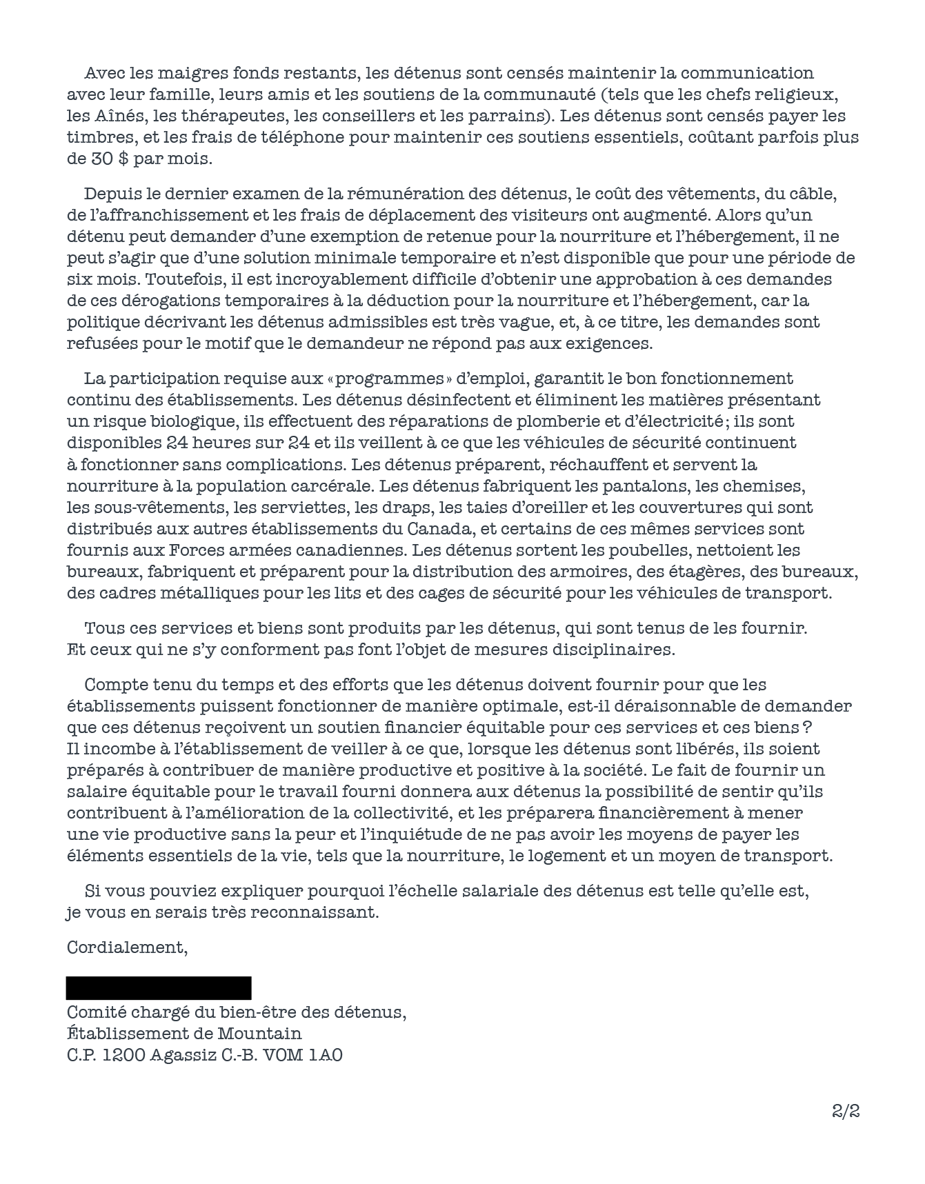 Images de la lettre du Comité du bien-être des détenus de l'Établissement Mountain et de la réponse du Conseil du Trésor.