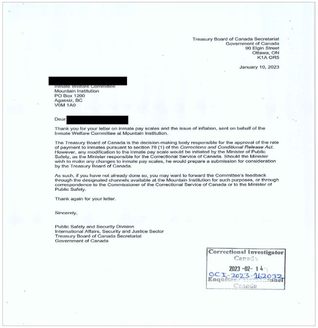 Images of the letter from the Inmate Welfare Committee at Mountain Institution and the Treasury Board's Response.
