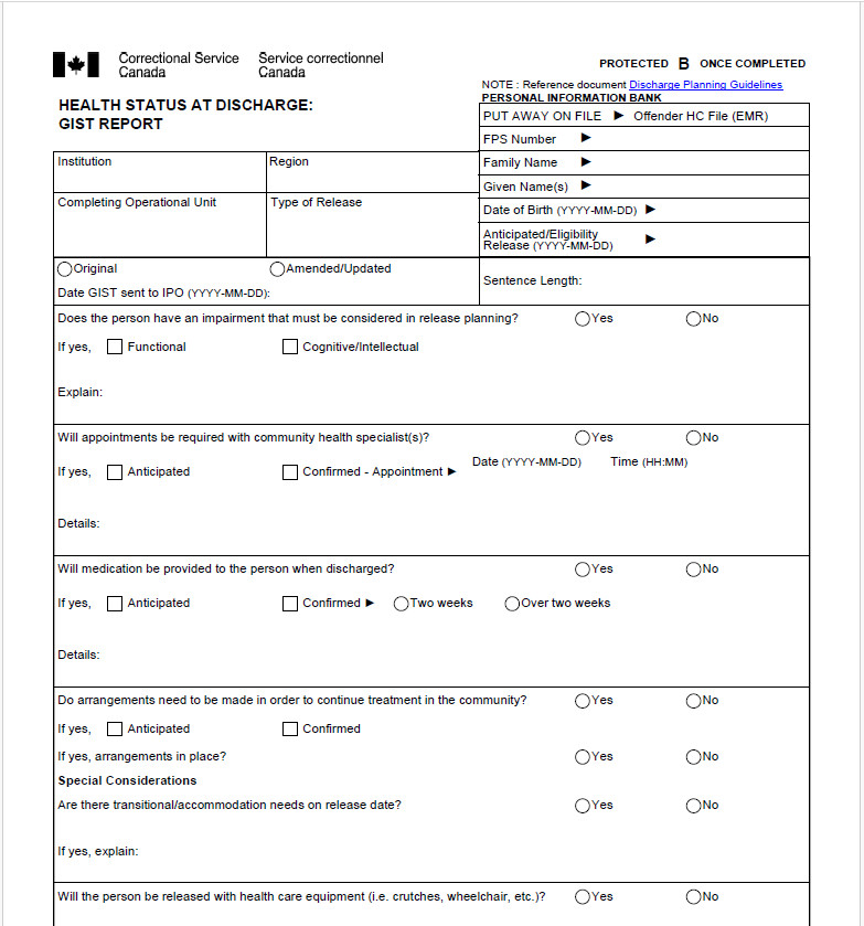 CSC's Form 1371 - Health Status at Discharge: Gist Report.