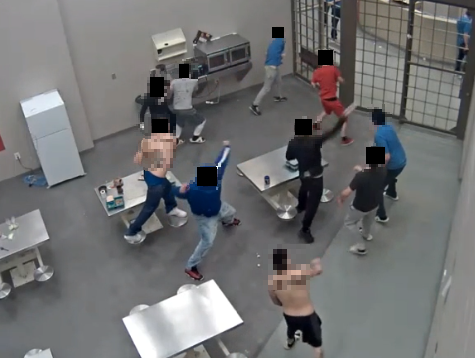 Photos of CCTV captures showing inmates throwing food at protected status inmates at Edmonton Institution