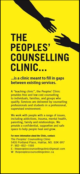 Image of an informational “rack card” from The Peoples’ Counselling Clinic.