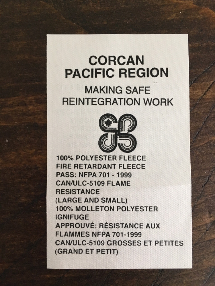 Photo d’une étiquette de vêtement à CORCAN, Région du Pacifique