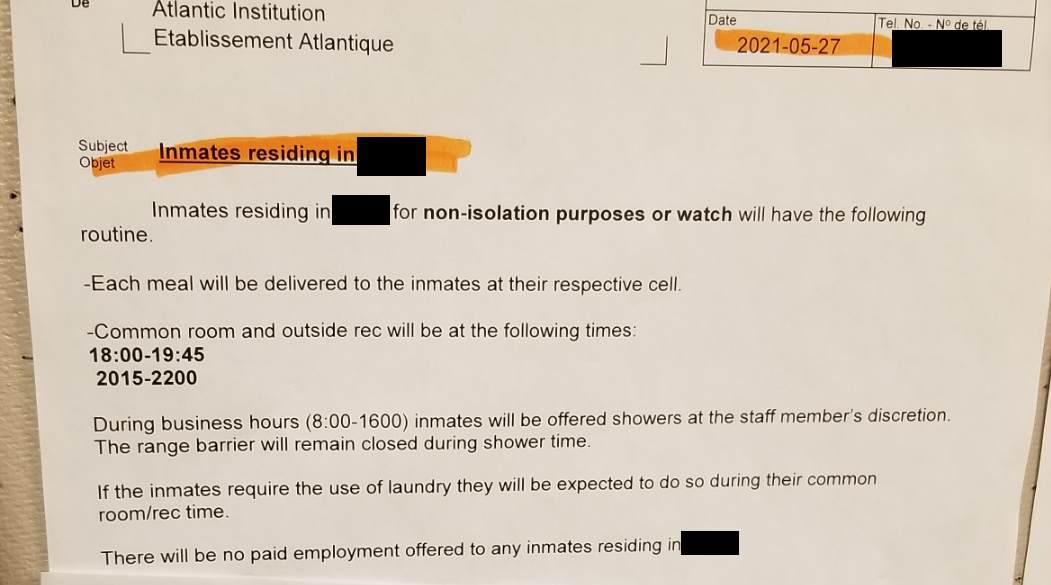 Photo of a memo displayed in one of the units at Atlantic Institution describing the change in routine.