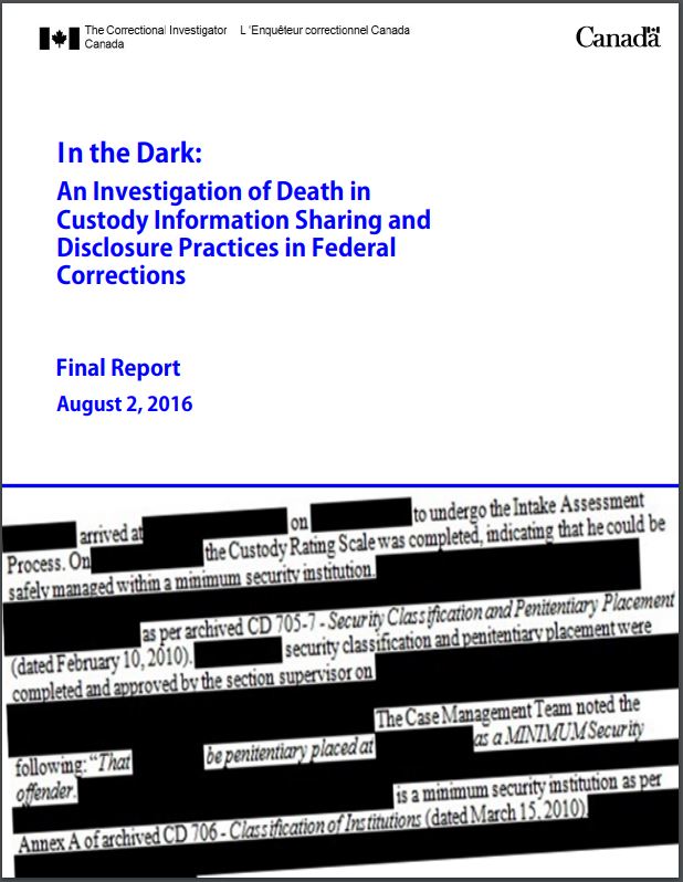 Photo of the cover of OCI's report titled, In the Dark: An Investigation of Death in Custody Information Sharing and Disclosure Practices in Federal Corrections (August 2, 2016).