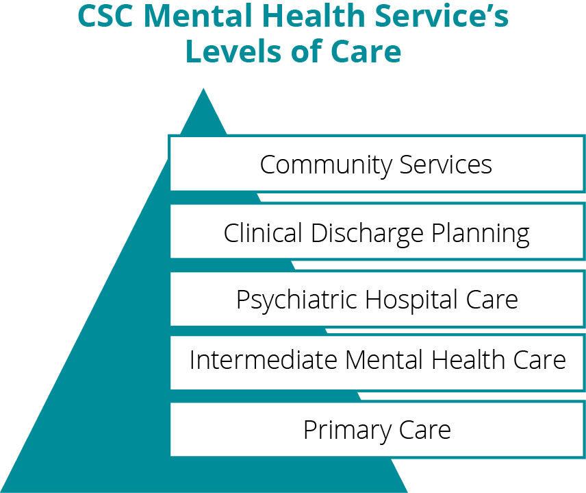 Un diagramme pyramidal illustrant les niveaux de soins des Services de santé mentale du Service correctionnel du Canada (SCC).