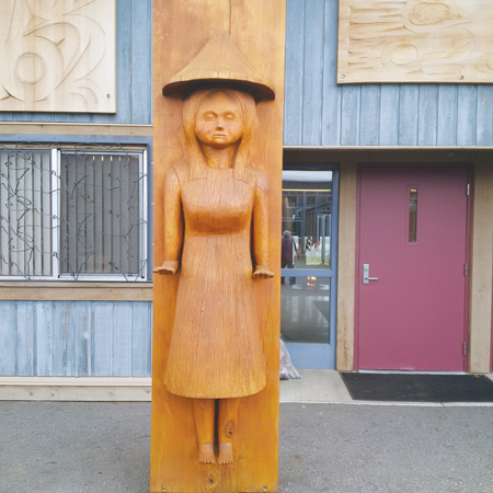 Close-up photo of wood carving at Pacific Institution.