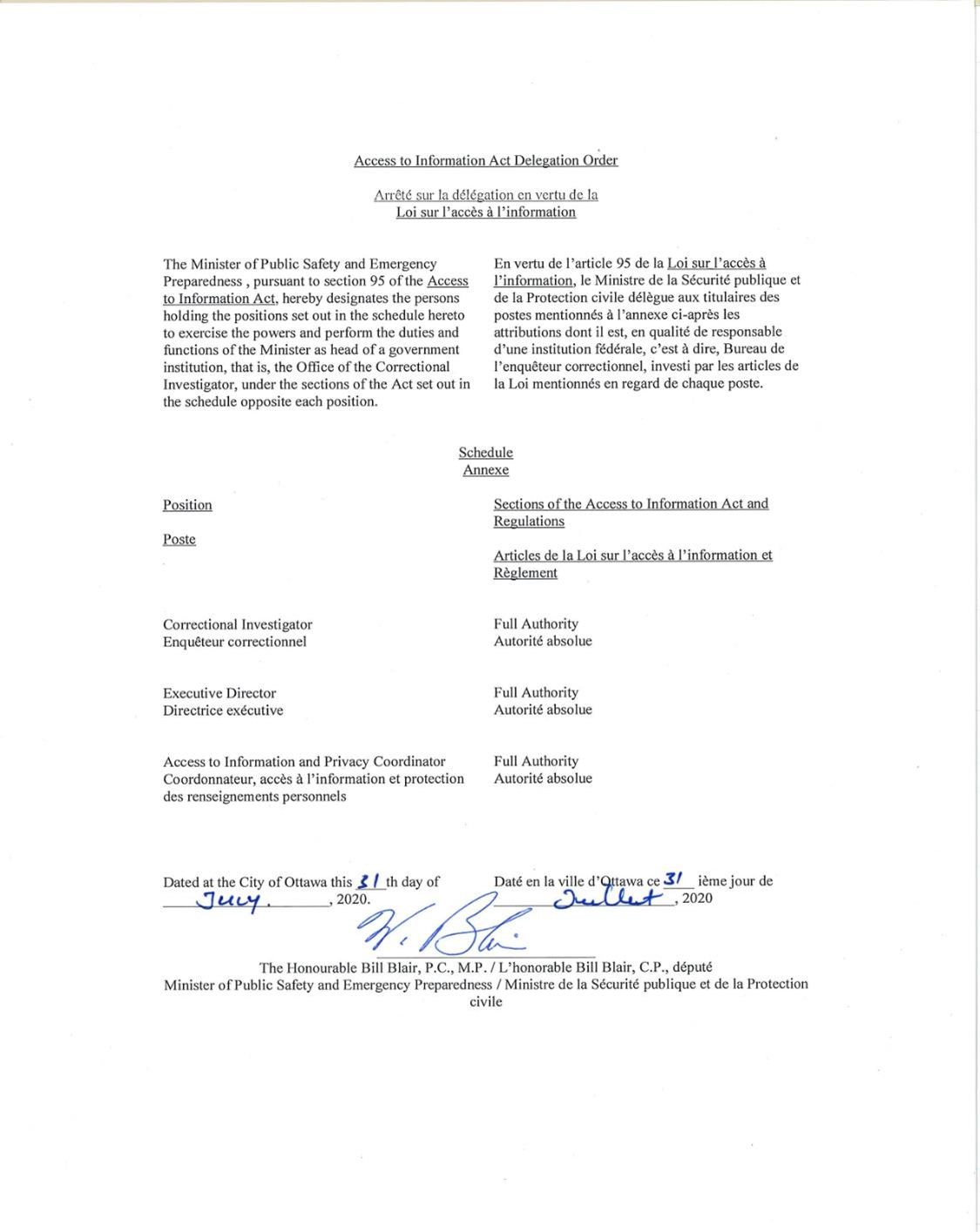 Access to Information Act Delegation Order