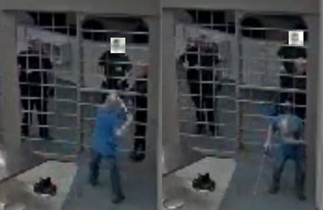 Two pictures depicting an older offender using his cane to attempt to hit guards through the barrier and the second picture depicts the guards pepper spraying the inmate through the barrier.