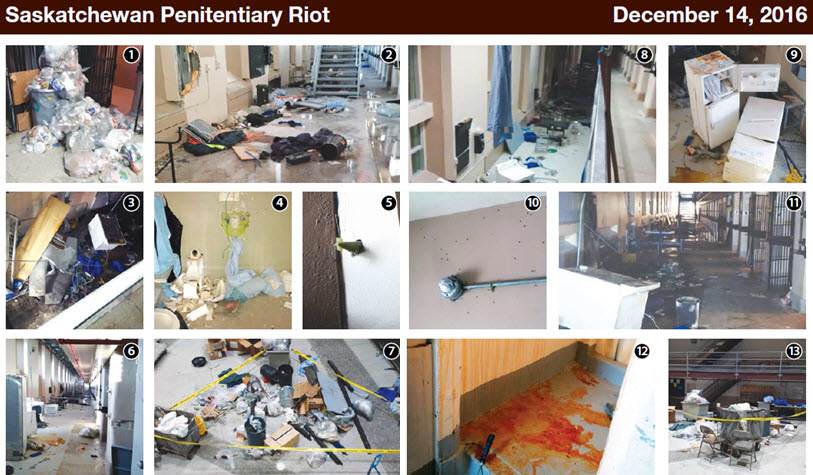 Two page folio showing aftermath of the Saskatchewan Penitentiary riot on December 14, 2016: 1.Clean up underway. 2.Debris after riot 3.Cell effects destroyed during riot. 4.Damaged cell. 5.Unexploded OC spray (pepper spray) munition. 6.Damage and debris from riot. 7.Debris in hallway after riot.  8.Debris in range after riot.  9.Damaged refrigerators in common area. 10.Damage to walls from shotgun pellets and painted camera.  11.Range view after riot 12.Residue from OC spray (pepper spray) used by correctional officers. 13.Clean up of debris from riot.